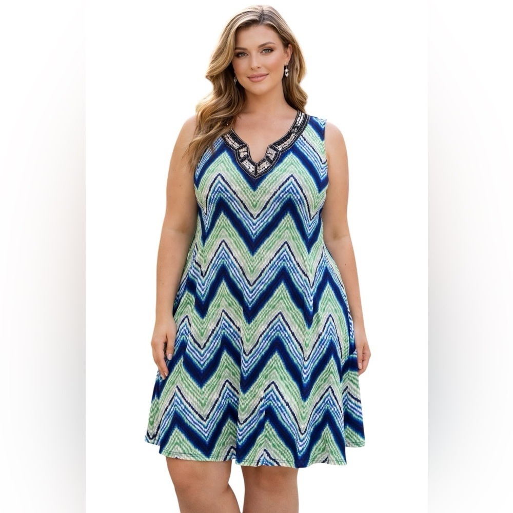 JM Collection Blue Green Chevron Sleeveless A-Line Dress | Size 1X